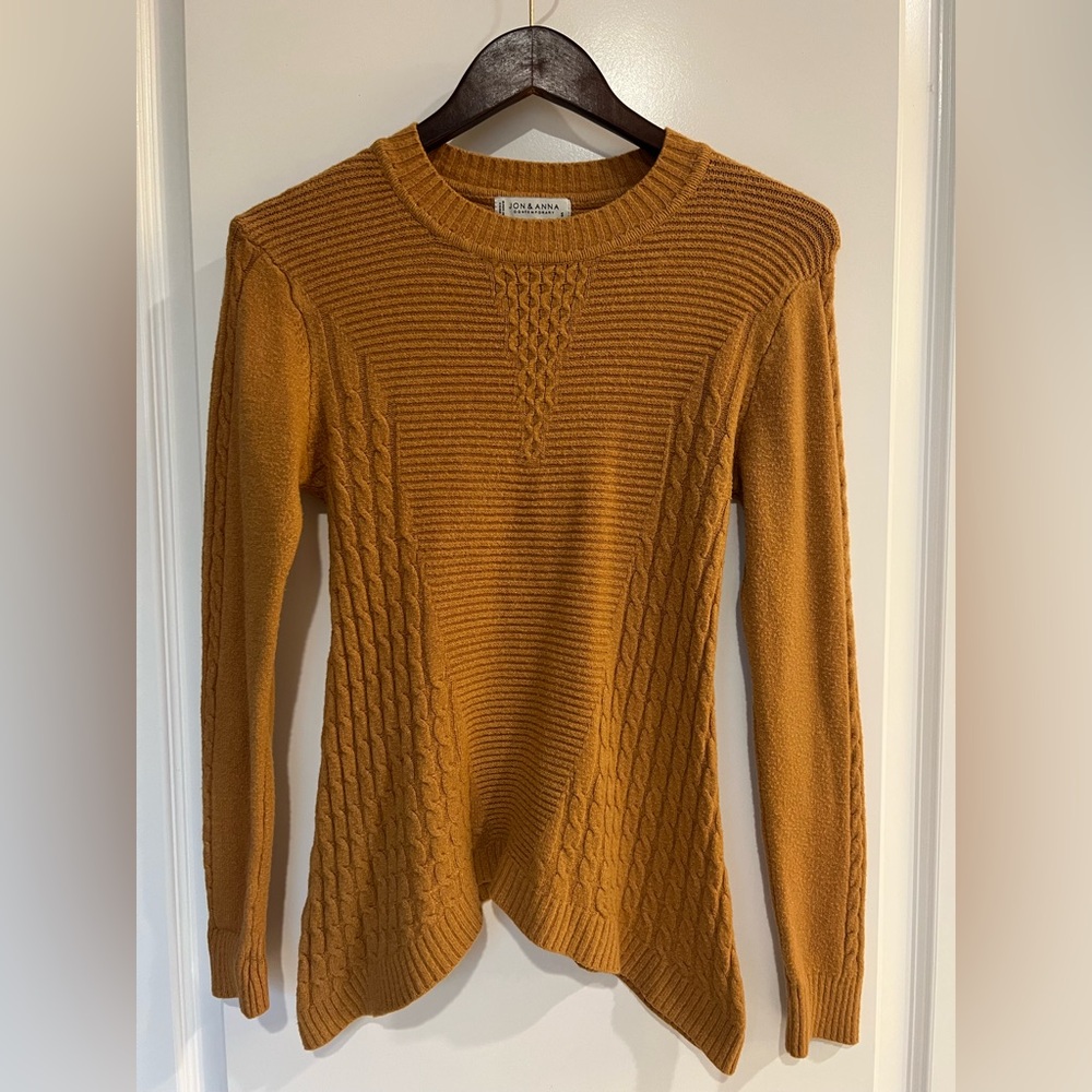 Jon & Anna Mustard Yellow Asymmetrical Cable Knit Sweater Crewneck Pullover S